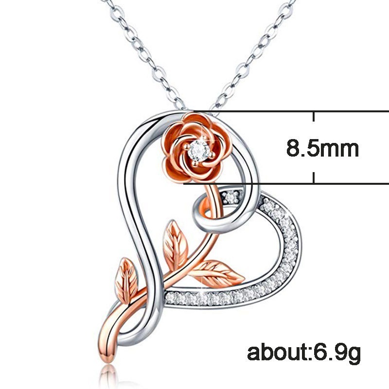 Heart & Rose Crystal Pendant Necklace for Women – Rose Gold & Silver Luxury Fashion Jewelry Gift