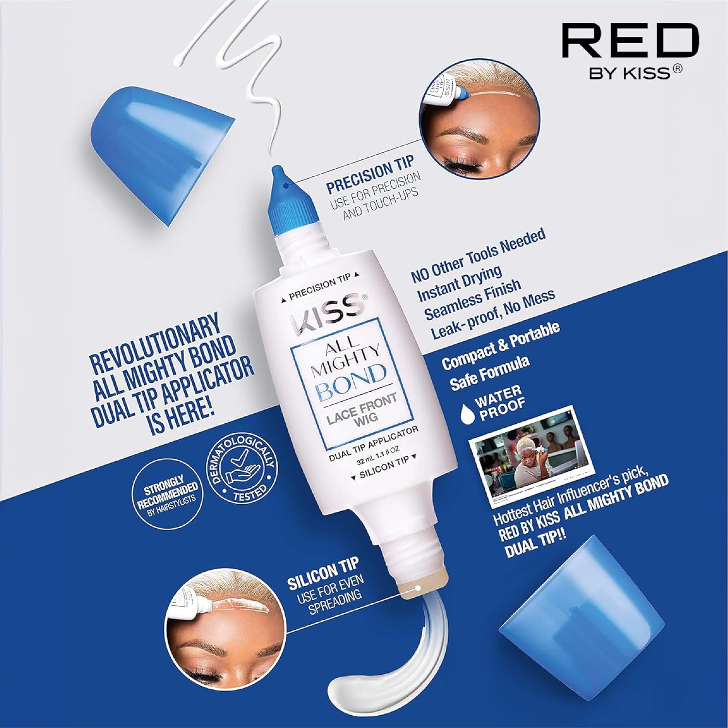 KISS All Mighty Bond Lace Front Wig Glue Dual Tip Applicator 32mL (1.1 fl OZ) - Instant Drying, Seamless Finish, Insanely Strong-(Adhesive)