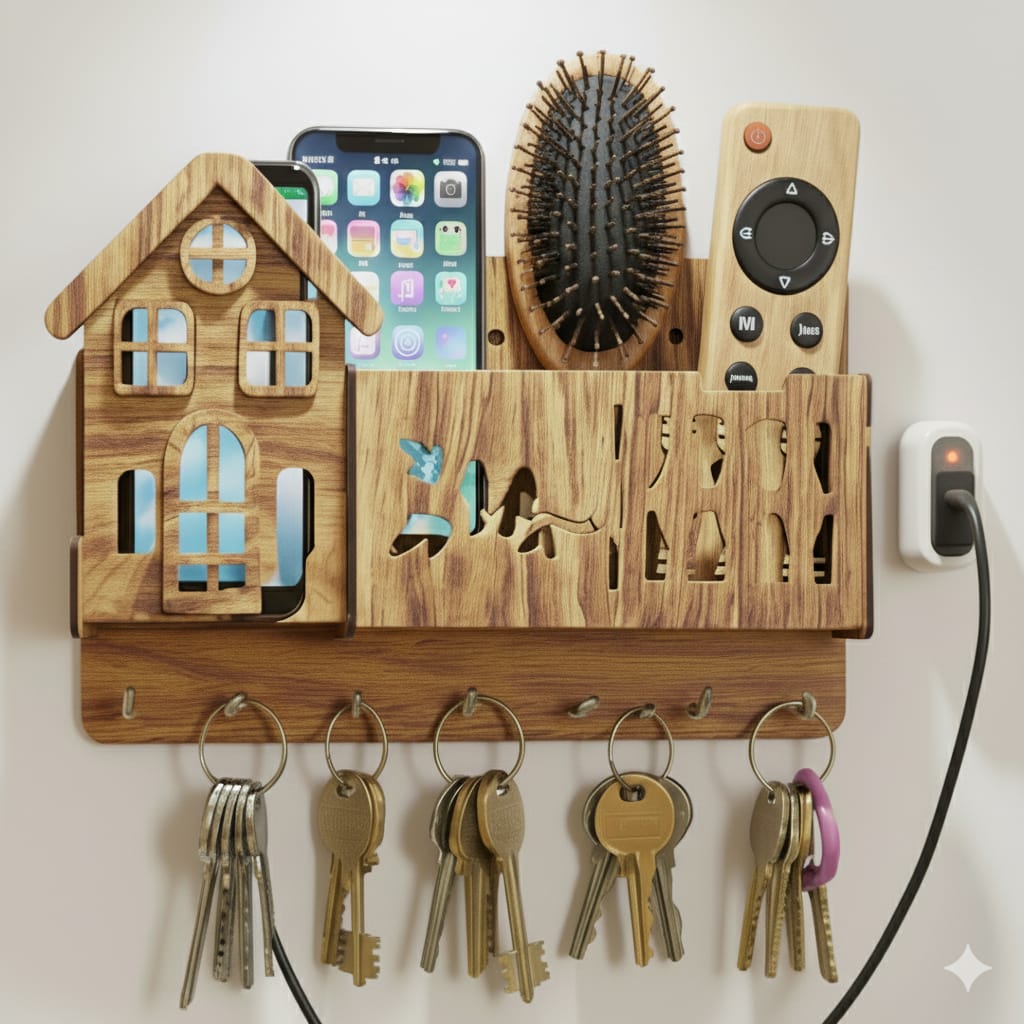 3D Home Decorative Wooden Organizer- 3D Wooden Phone Stand with Key Hooks - 3D Wooden Mobile Stand for 3 Phones - Wooden Holder for Phone, Keys, and Accessories - Wooden Organizer with 7 Steel hooks Tasbeeh Holder Remote Cover Rack Mobile Charger Holder