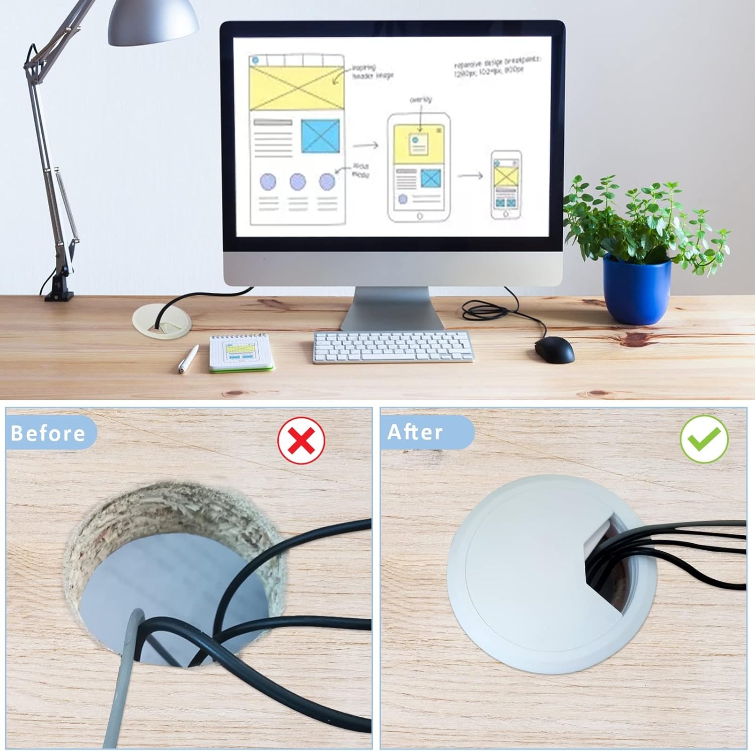 60mm Computer Desk Grommet Table Cable Wire Outlet Cord Plastic Hole Cover Cap
