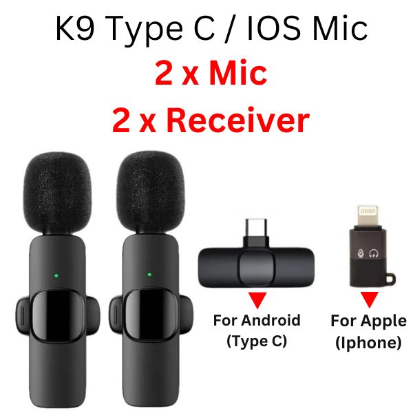 Wireless MIC Type C/Lightning/Android Mic K9 Wireless Double Microphone For Interview, Vlogging , Podcast
