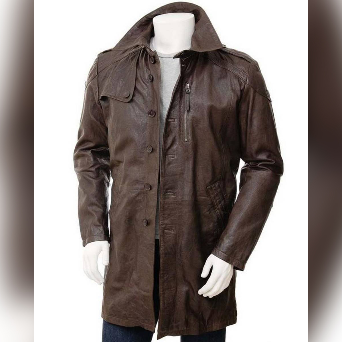 Brown-Faux Leather Trench Show Coat Jacket-For Men