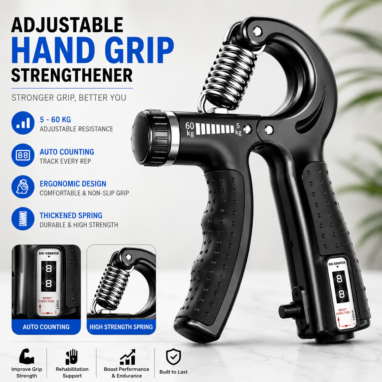 Adjustable Hand Grip Strengthener 5-60kg, Non-Slip Fitness Trainer with Weight Resistance, Portable Finger Exerciser for Gym and Home Workouts