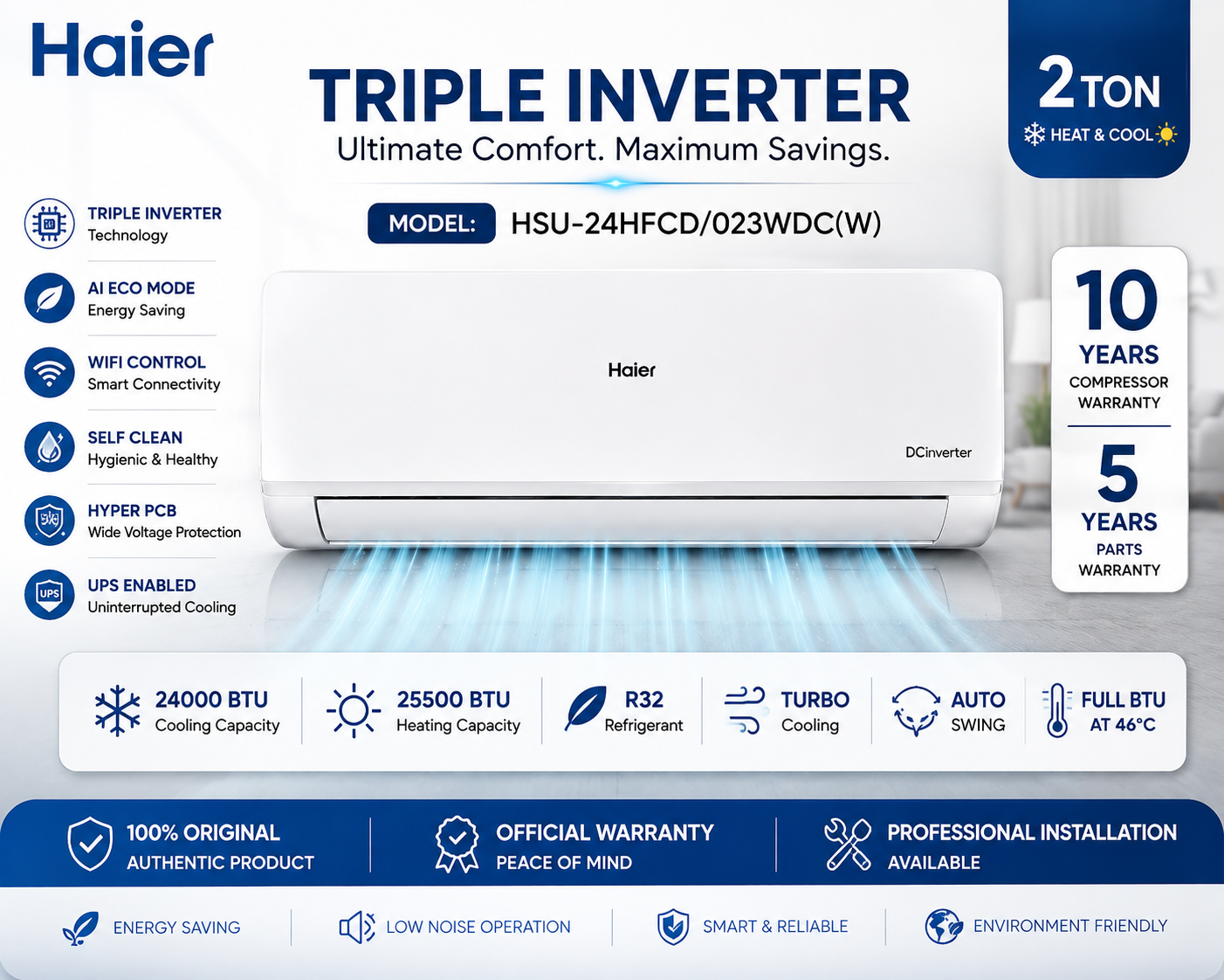 Haier 2 Ton Triple DC Inverter AC Heat & Cool HSU-24HFCD/023WDC(W) | WiFi Smart | Energy Saving 1.2A | AI ECO Mode | Self Clean | R32 Refrigerant | UPS Enabled Air Conditioner