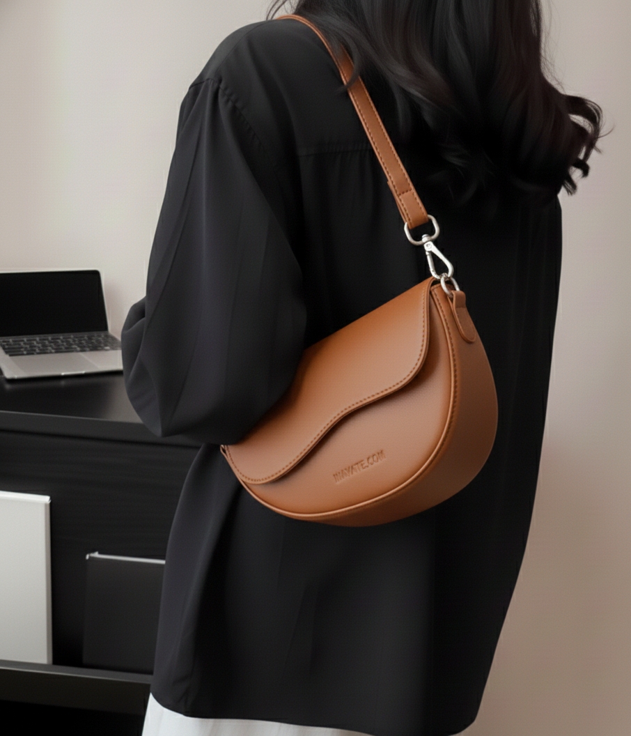 Minimalist Faux Leather Crescent Shoulder Bag - Retro Flap  Handbag with Adjustable Strap