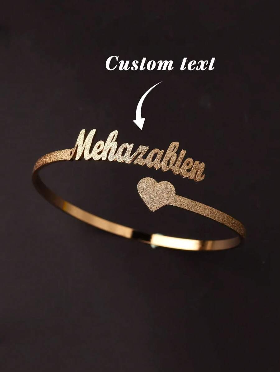 Personalized Custom Frosted Name Bangle Bracelet With Heart Open Adjustable Heart Bangle Jewelry Gift For Couple