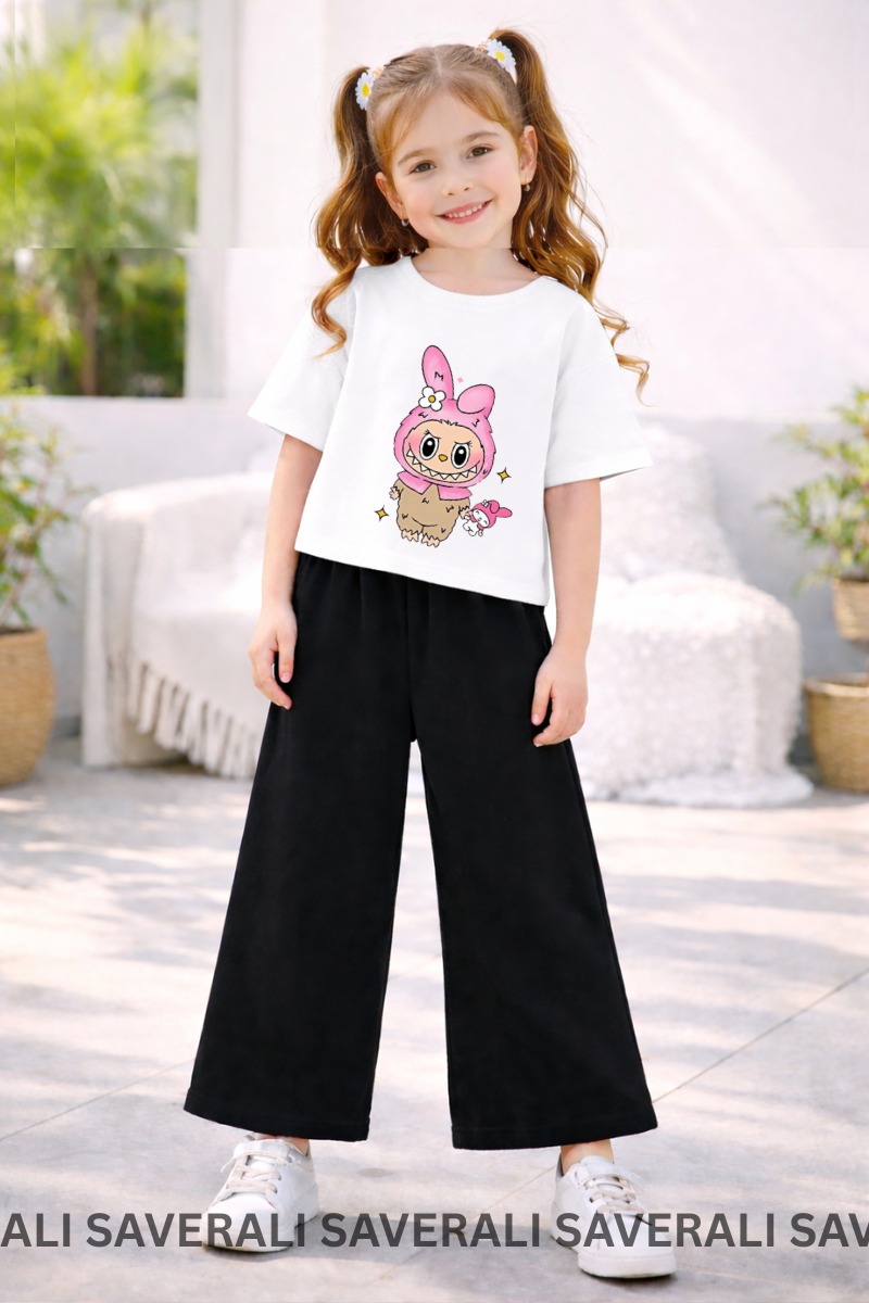 Eid Collection Kids Girls Labubu Printed T-Shirt & Flapper Suit | Soft Cotton | Cute & Comfortable | Ages 3–10 Years