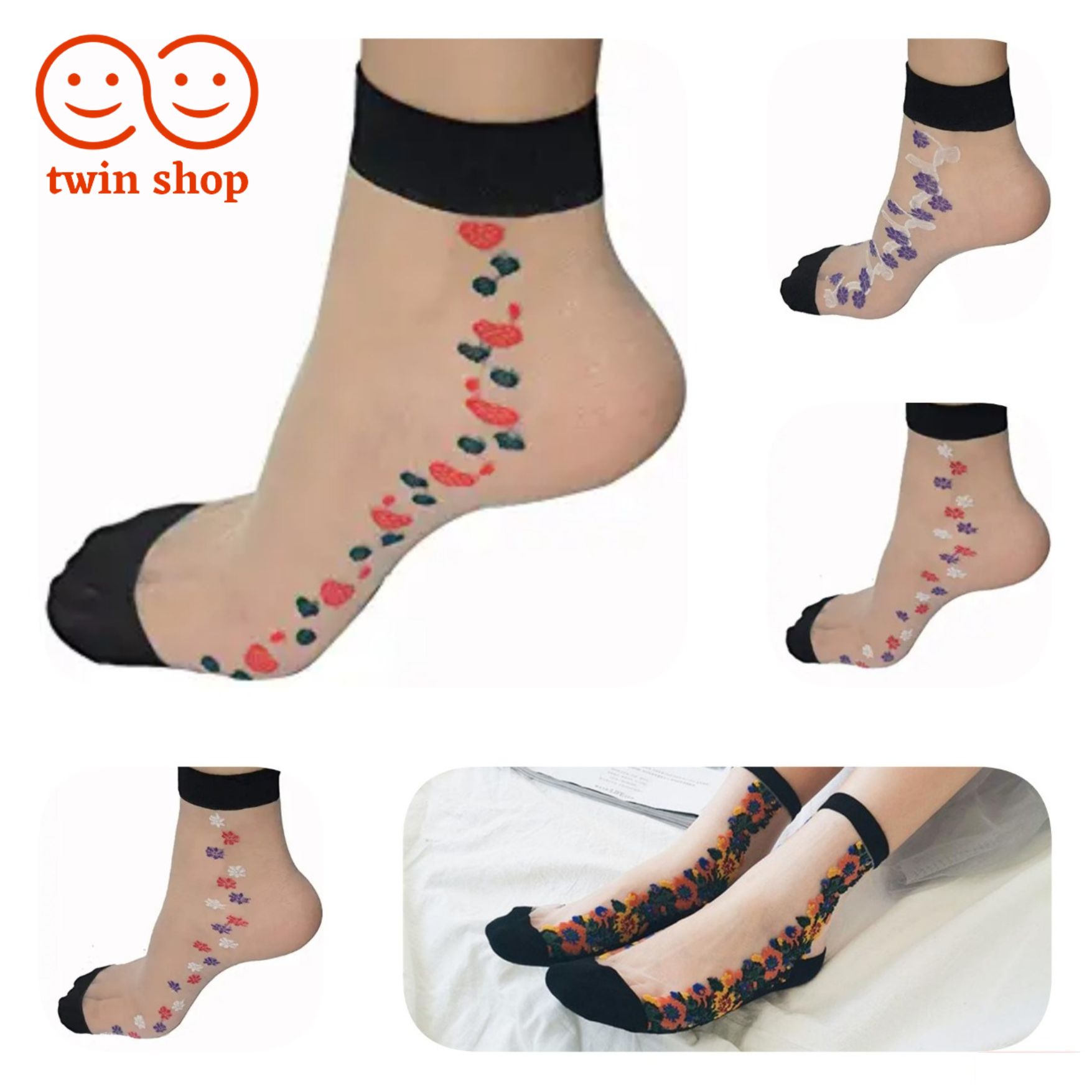 Twin Shop  Pack of 3 Pairs| Ultrathin transparent socks for Girls women | Skin ankle socks | Multi design Net short socks