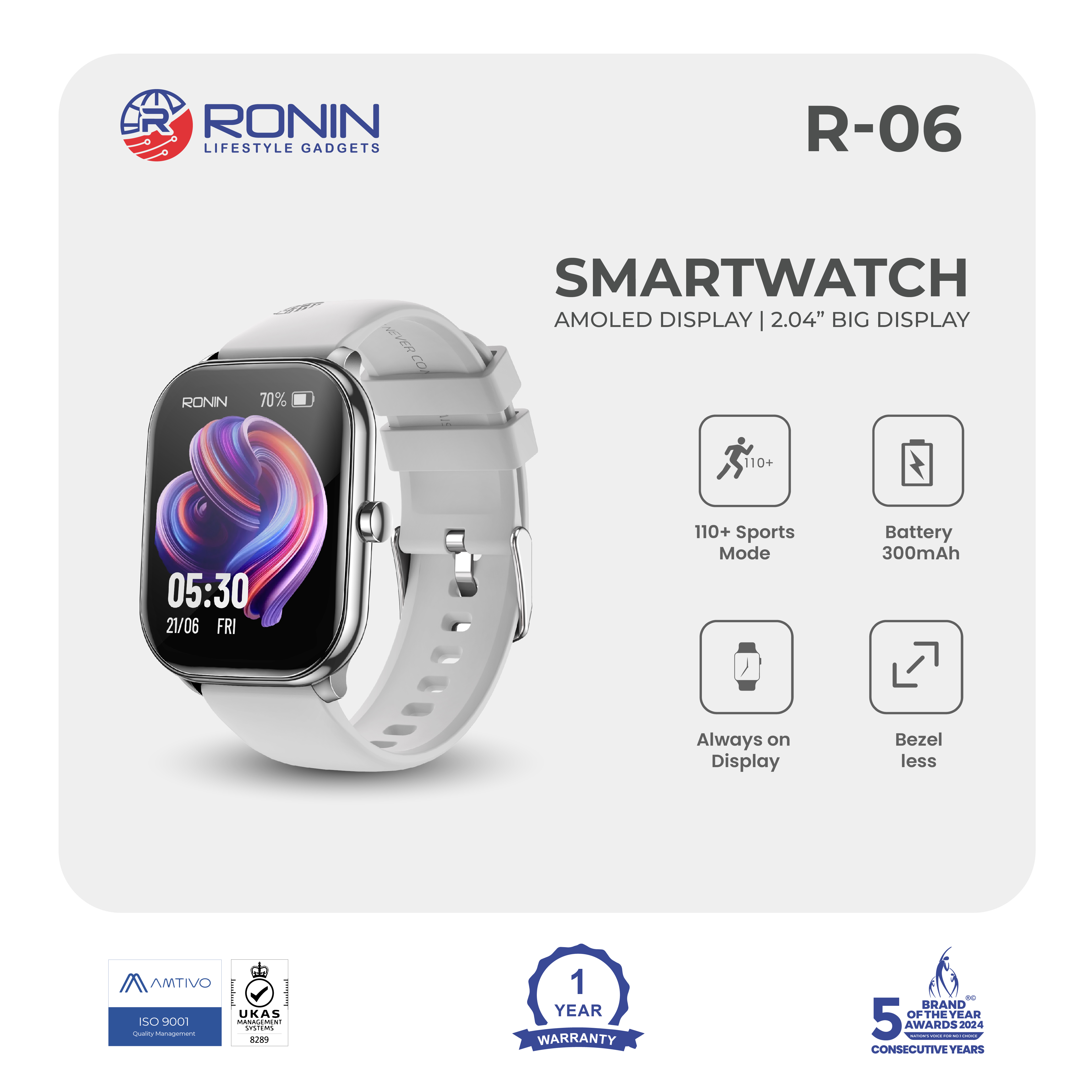 Ronin R-06 Smart Watch, 2.04' AMOLED Display with 110+ Sports
