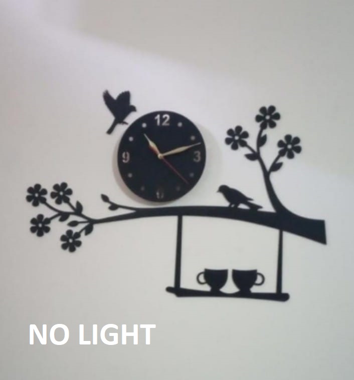 LED Wooden Wall Clock Modern Tea Cup Design with Flower and Birds, Home Decor