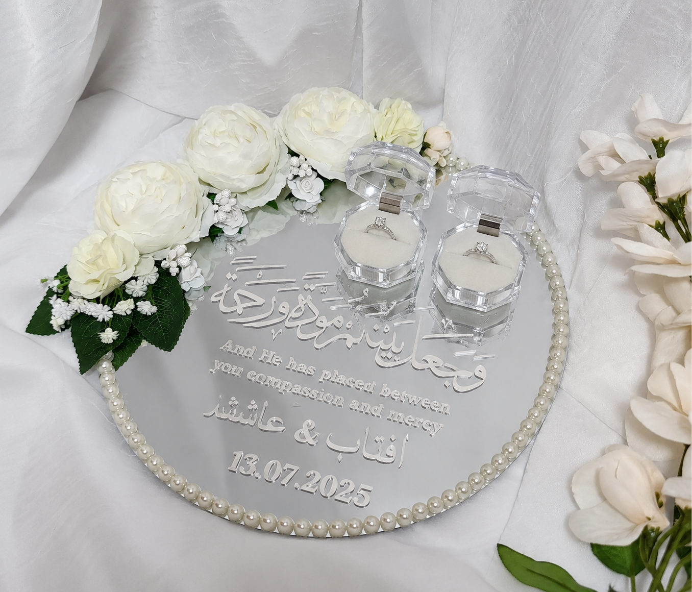 Luxury Customized Nikkah Mirror Tray | Personalized Bridal Ring Display Tray | Premium Engagement Ring Presentation Tray | Acrylic Ring Box Set | Wedding Ring Holder | Nikkah Ceremony Decoration | Wedding Gift nikkah tray engagement tray for couple with b