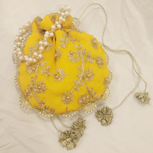 Embroidered Potli Clutch Bag with Pearl Handle for Party Wear