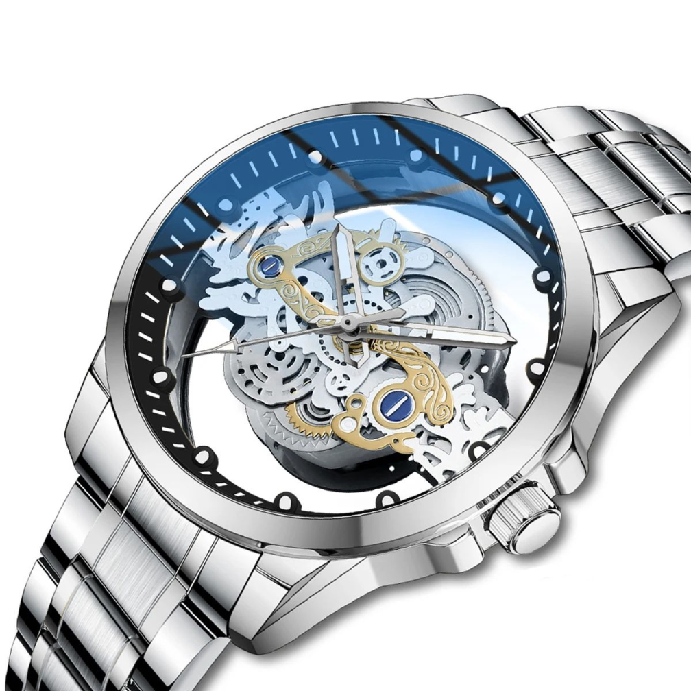 Elegant Skeleton Mechanical Watch for Men Stainless Steel Strap Premium Quality Watch for Boys New Fashion Stylish Watch for Gents