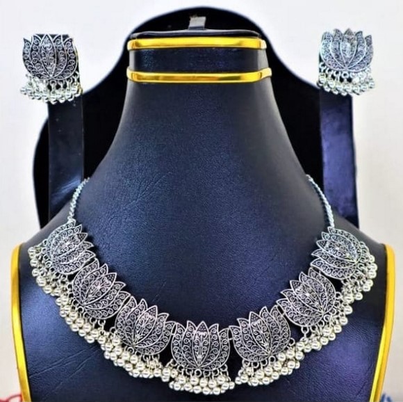 Antique Silver Afghani Choker Necklace With Earrings For Women & Girls / Fancy Pendant Choker for Girls / Vintage Brass Work Neckless & Pendants For Ladies / Latest Choker Jewelry Set