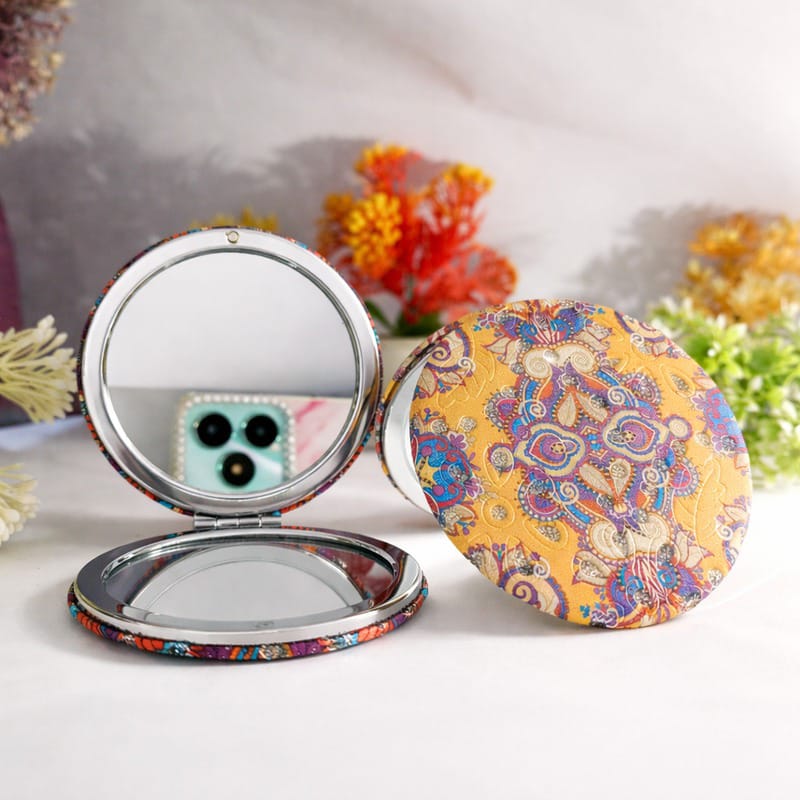 Round & Square Pocket Mirror - Double Sided Compact Makeup Mirror with Printed Design (Multicolor)