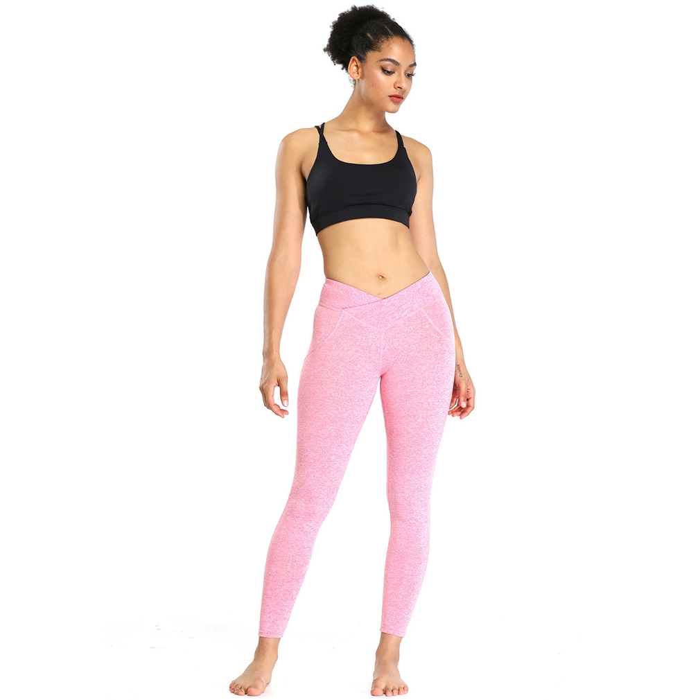 QUANBU Women's Solid Color Yoga Sports Fitness Leggings Nine Points Pants  Pink XL Size