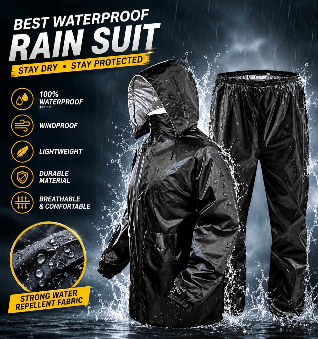 Rain Coat for Men Waterproof Raincoat with Pants Parachute Fabric