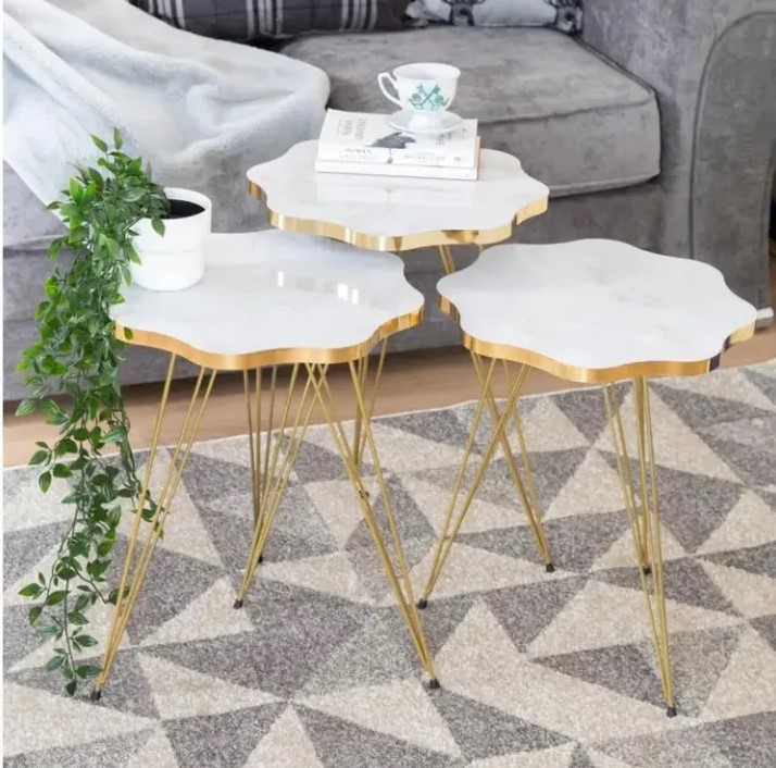 WOW Flower look Set of 3 Round Coffee Table HIGH Gloss Nesting End Tables with Metal Legs for Living Room, Home Office, Nightstands for Bedroom, Sturdy Easy Assembly - 3 Piece Modern Nesting Table Living Room BY ALHAFIZ WALLS