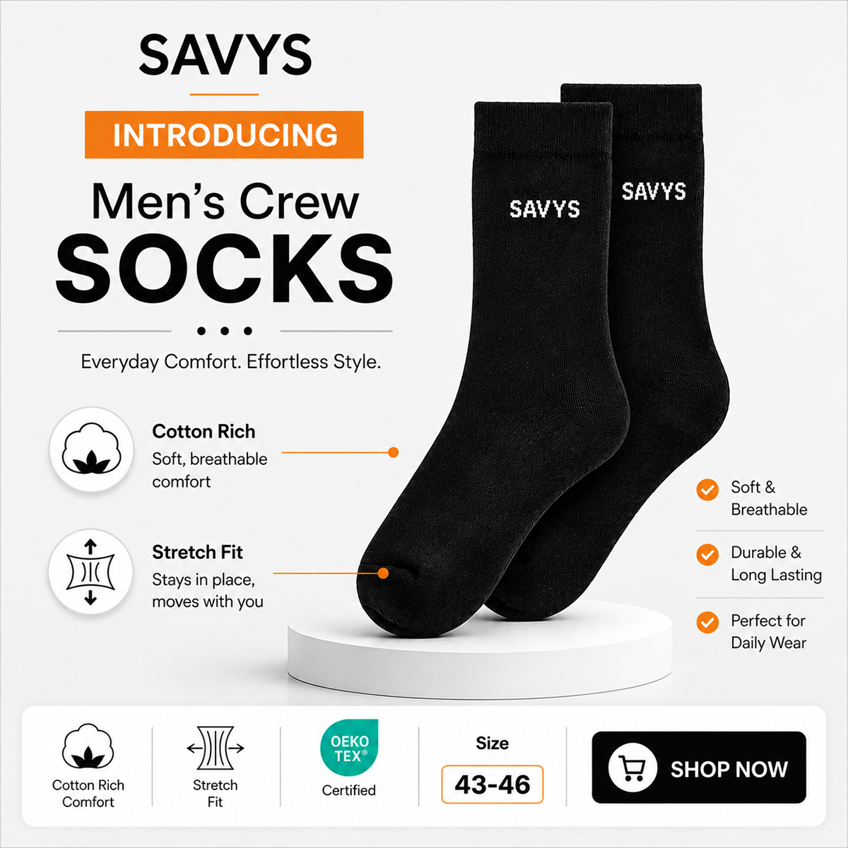 Savys - Men Crew Socks - Socks - Crafted From Cotton Yarn For Breathable Comfort - Socks For Men - Best For Every Purpose ( Travel,Work,Sports,Events ) - Comfortable Stretch Fit Fabric - For Daily Wear - 1 Pair