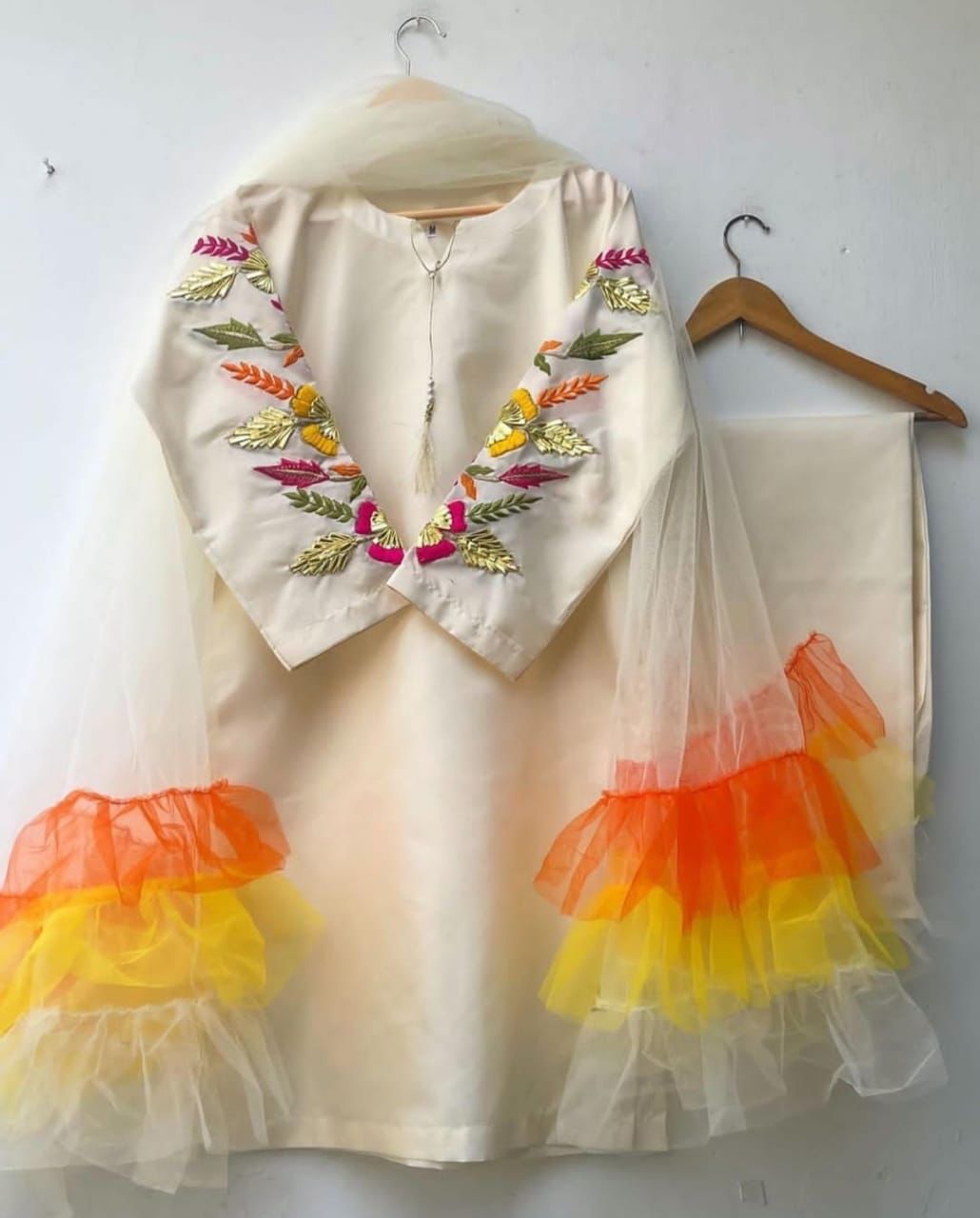 Katan Silk Fancy Net Dupatta Embroidery Three Pieces For Girls.