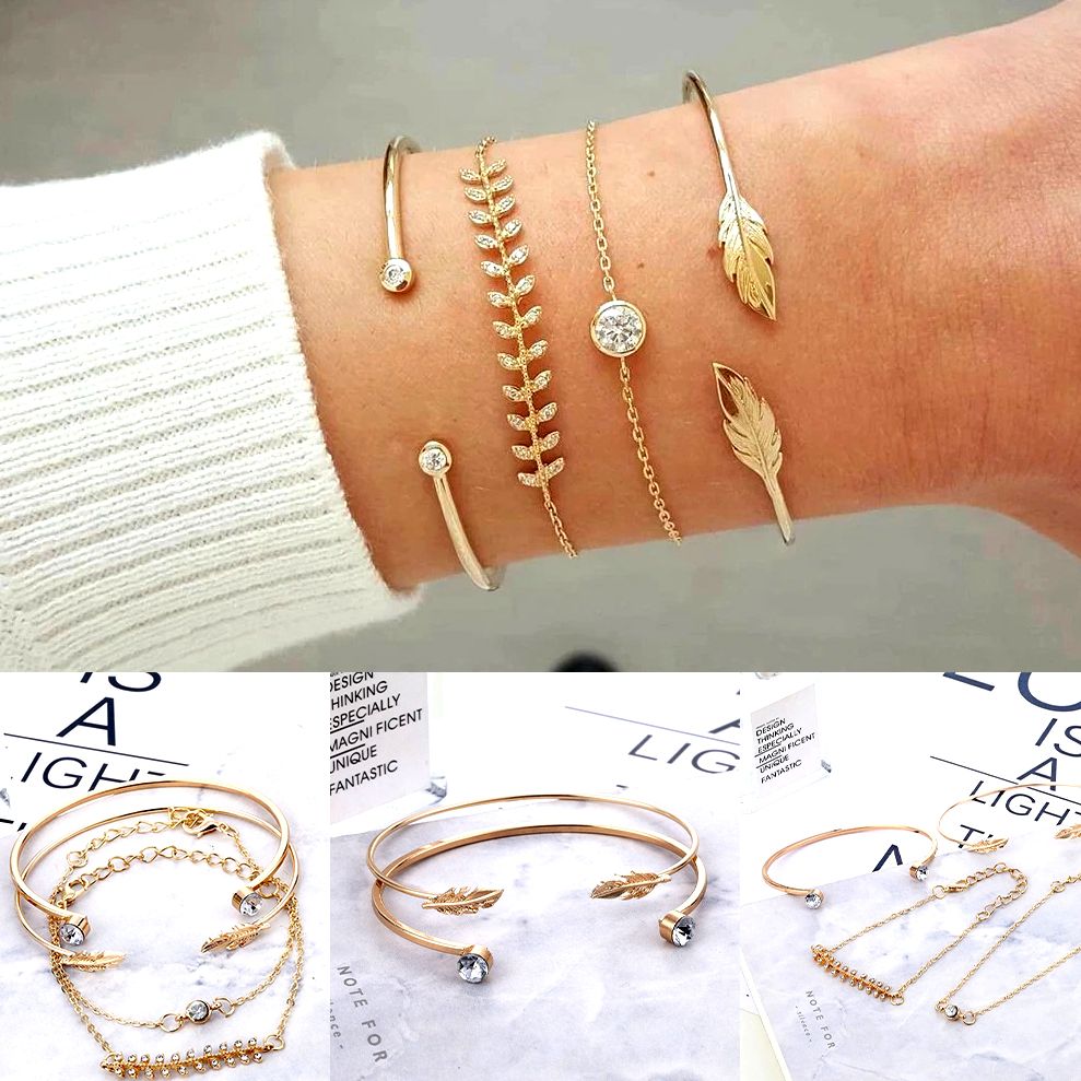4Pcs/Set Geometric Crystal Charm Bracelet For Women - Leaf Bangles Set Simple Wrist Chain Lady Vintage Gold Alloy Bracelet
