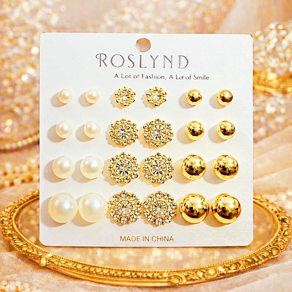 Women’s Assorted Earring Set – Simple Faux Pearl Studs, Rhinestone & Geometric Heart-Shaped Earrings – Korean Minimalist, Hypoallergenic, Lightweight Jewelry Gift Box Set for Her