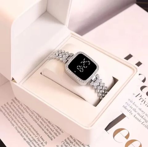 Diamond Touch Screen LED Watch for Ladies –Jewellery For Girls Style in Stainless Steel Chain Digital Wristwatch for Women's – Stylish Fashion Watch For Girls With Bracelet in Silver Stone Round & Square Dial Shape For Gift