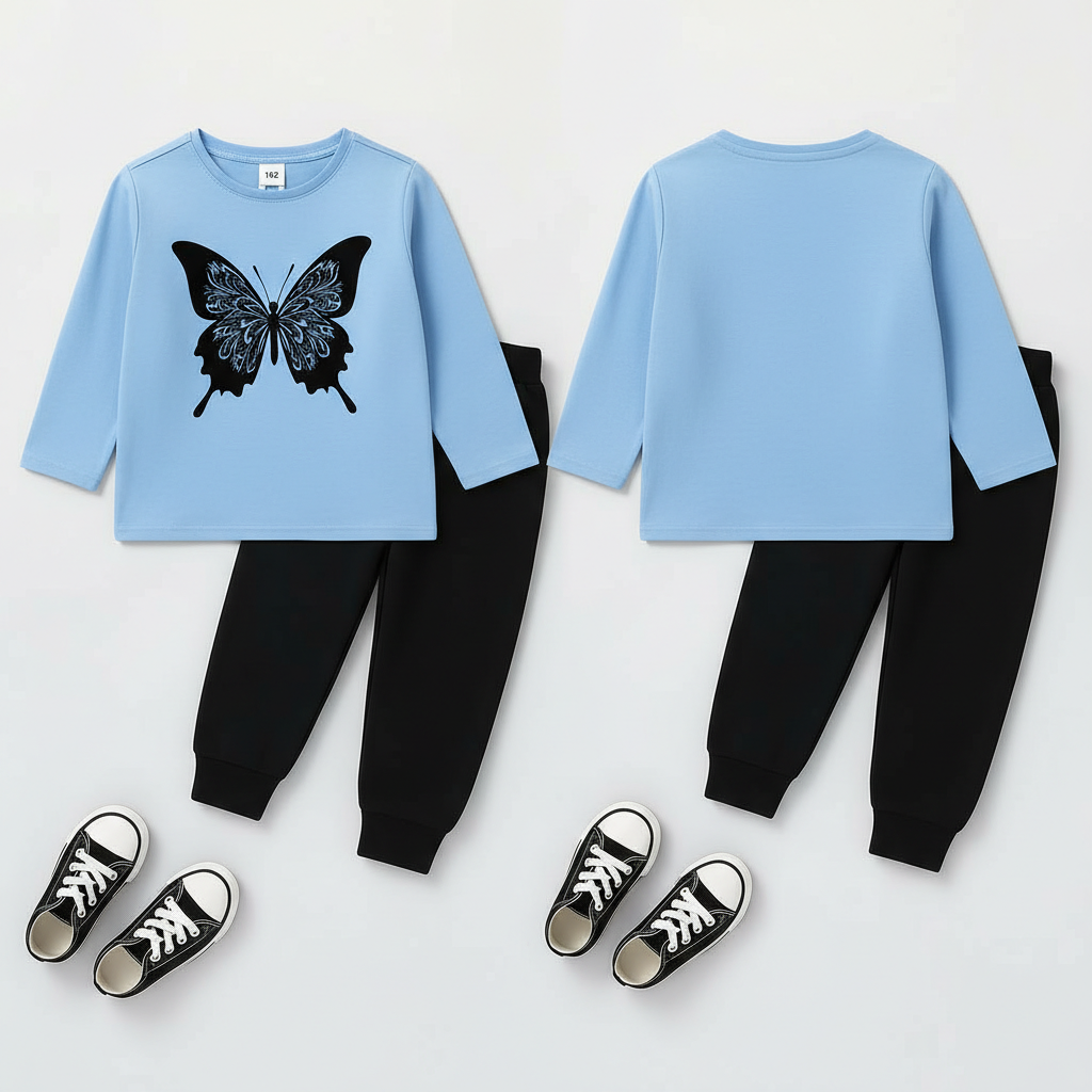 Summer Butterfly Print Kids Tracksuit – Full Sleeve Top & Trouser Set