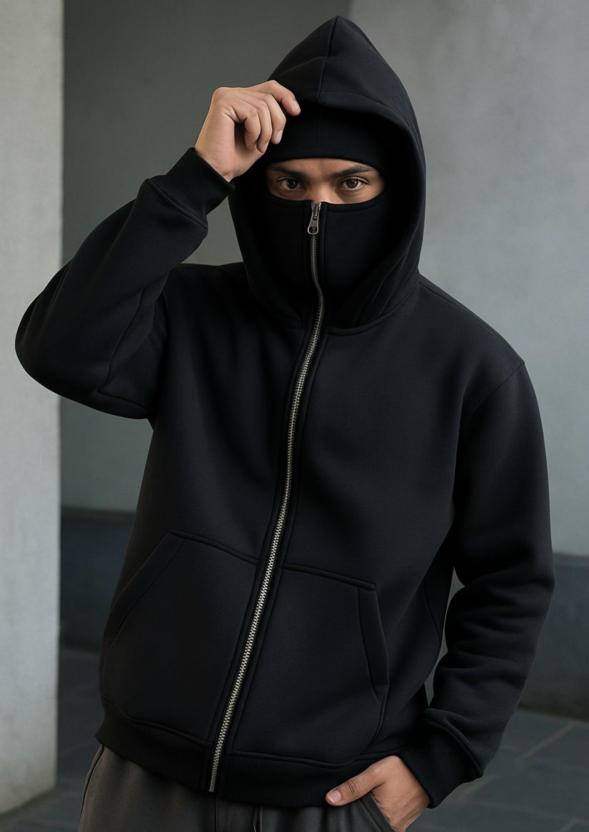 Black Balaclava Zipper Hoodie with Built-In Face Mask | Premium Fleece Winter Streetwear for Men & Boys | Stylish Full Zip Hooded Sweatshirt S–XL