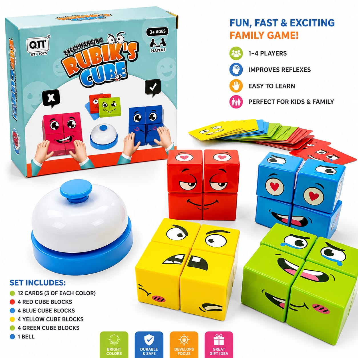 Crazy Face Changing Puzzle Blocks Cube Board Game for Kids New Educational Plastic - Unisex Learning Toy with Bell Educational Face Expression Matching Cube Toy with Challenge Cards | Brain Teaser & IQ Learning Game for Boys & Girls