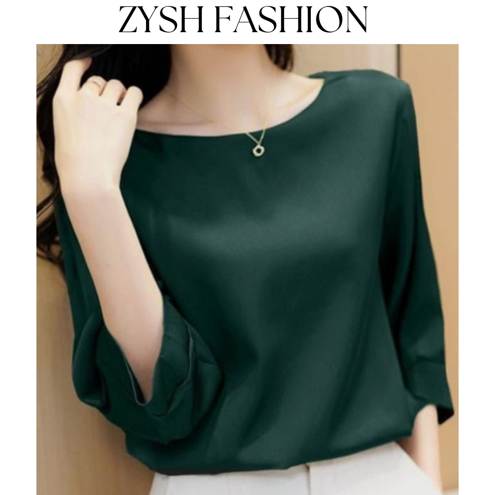 Zysh Fashion Elegant Short Sleeve Silk Blouse with Round Neck in Assorted Colors