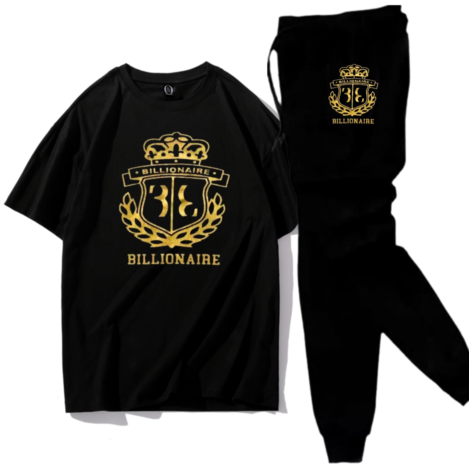 Billionaire printed summer tracksuit for men soft & comfortable fabric tracksuit gym wear tshirt+trouser -Black