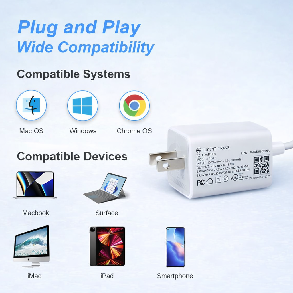 Lucent Trans 30W Type-C Fast Charger for compatible with OnePlus, Motorla,  LG , Google Pixel, Soney, Samsung, Iphone, Chromebook, Lapotop | Daraz.pk