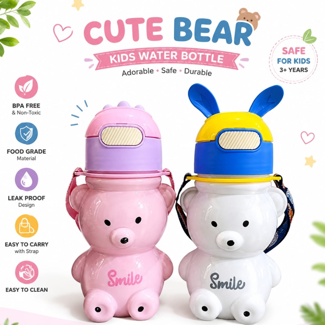 New Cute Teddy Bear Water Bottle For School Kids 720ml with Straw Lid and Adjustable Strap Multicolor