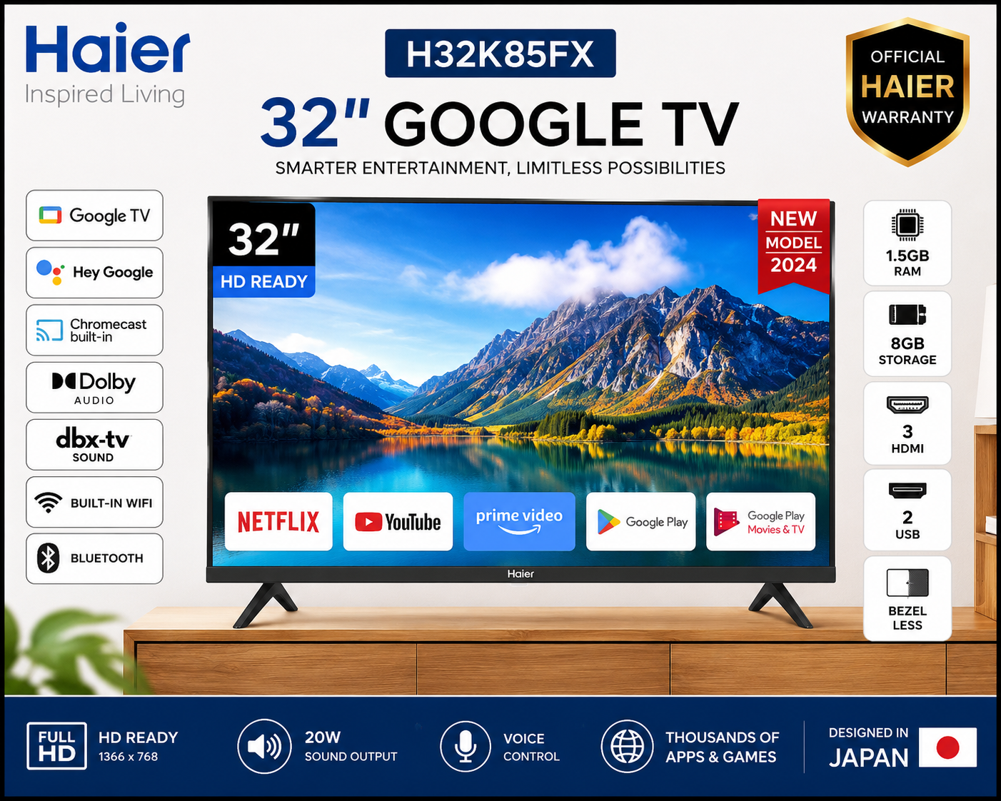 Haier H32K85FX 32 Inch Google TV Smart LED HD Ready | Bezel Less | Google Assistant | Chromecast Built-in | Dolby Audio | Netflix YouTube | WiFi Bluetooth | Official Warranty