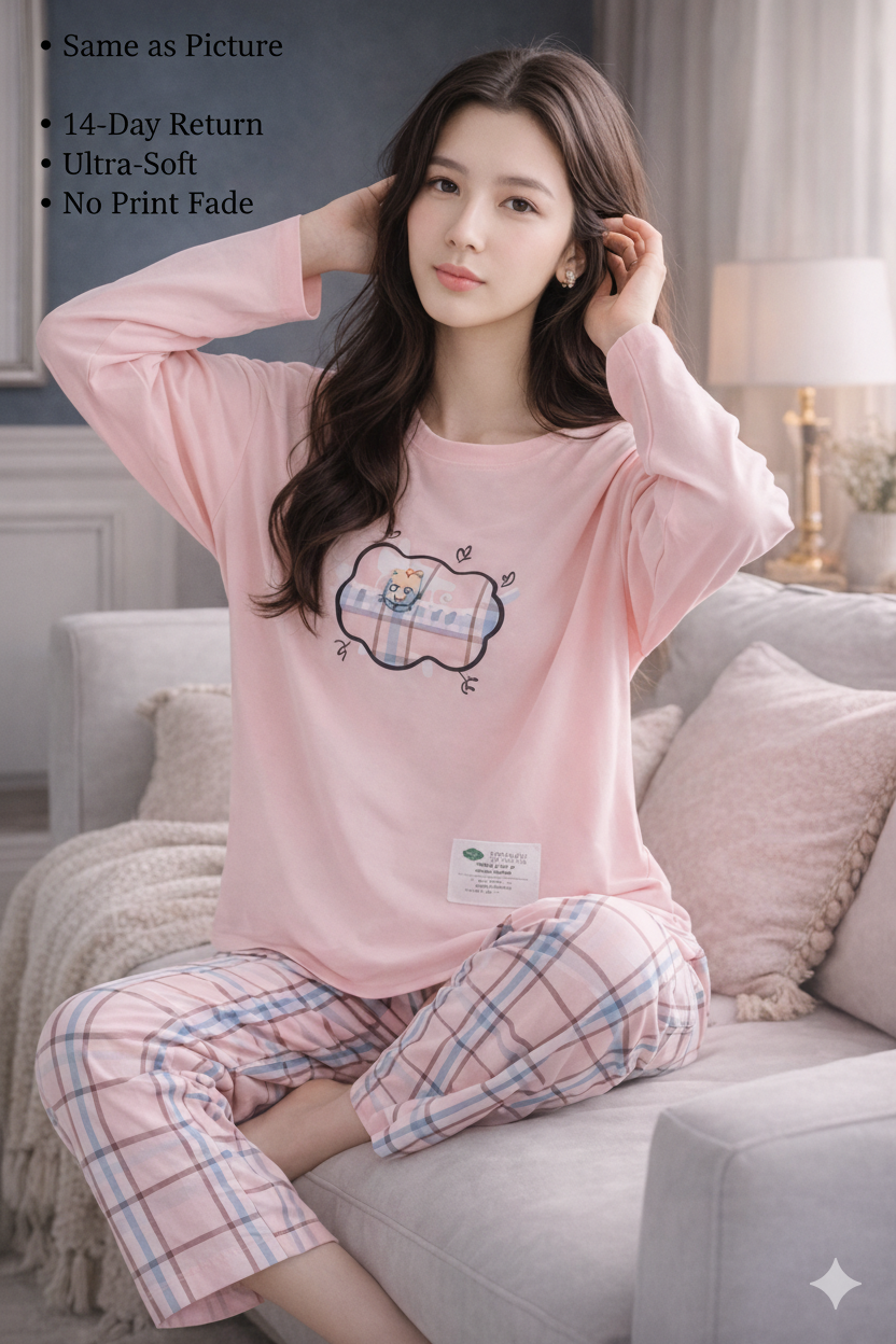 Women’s Soft Pink Long Sleeve Nightwear Set – Cotton Jersey Top with Checked Pajama for Cozy Sleep & Lounge Wear