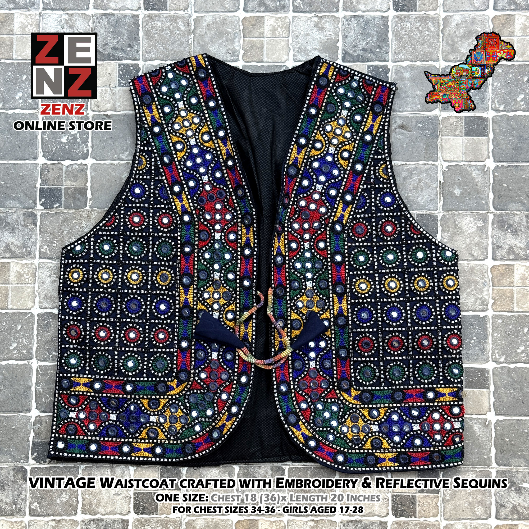Sindhi Balochi Womens Waistcoat Jacket Koti Gilet crafted with Fine Embroidery & Sequins for Female Adult Girls Pakistani Traditional Wear Vintage Fashion Waist Coat Sleeveless by ZENZ