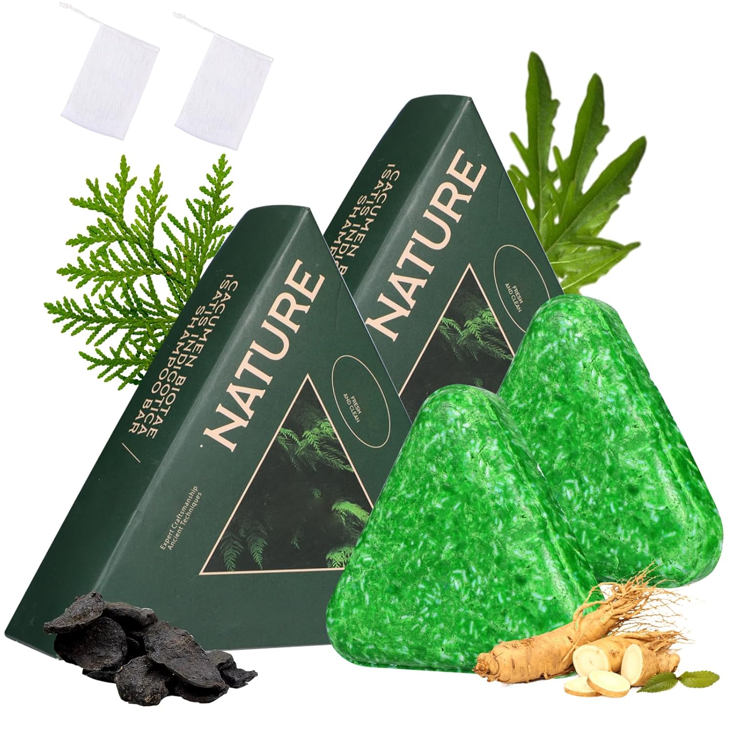Nature Triangle Shampoo Bar,Usman Grass 𝐒hampoo Bar,Nature Seven Green Soap Shampoo, Calming & Strengthens Hair for Women and Mens,New Upgrade