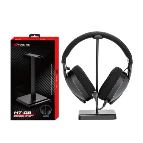 XTRIKE ME HT-08 Headset Stand Anti Slip Headphone Holder with Mobile Phone Holder Durable Gaming Desk Stand Black for Home Office Setup
