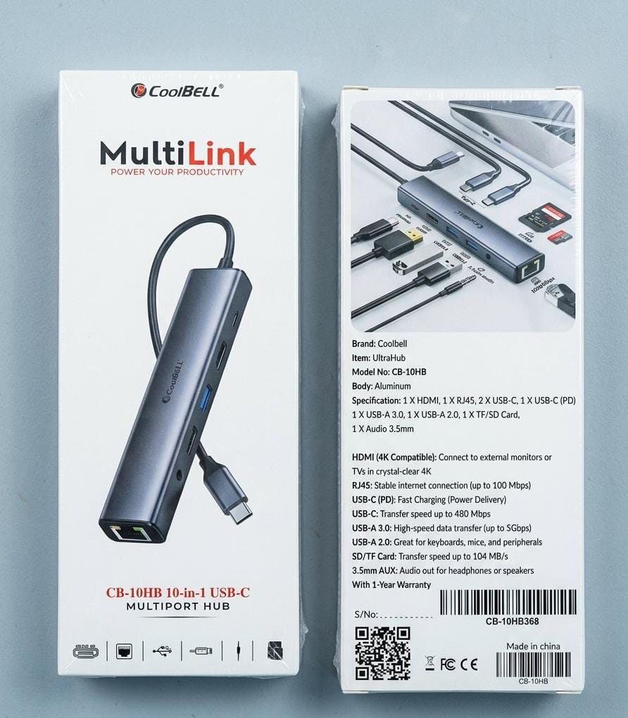 CoolBell CB-10HB MultiLink 10-in-1 USB-C Multiport Hub – Aluminum Type-C Docking Station with 4K HDMI, 100W Power Delivery PD, USB 3.0 & 2.0, Gigabit Ethernet RJ45, SD/TF Card Reader & 3.5mm Audio Jack