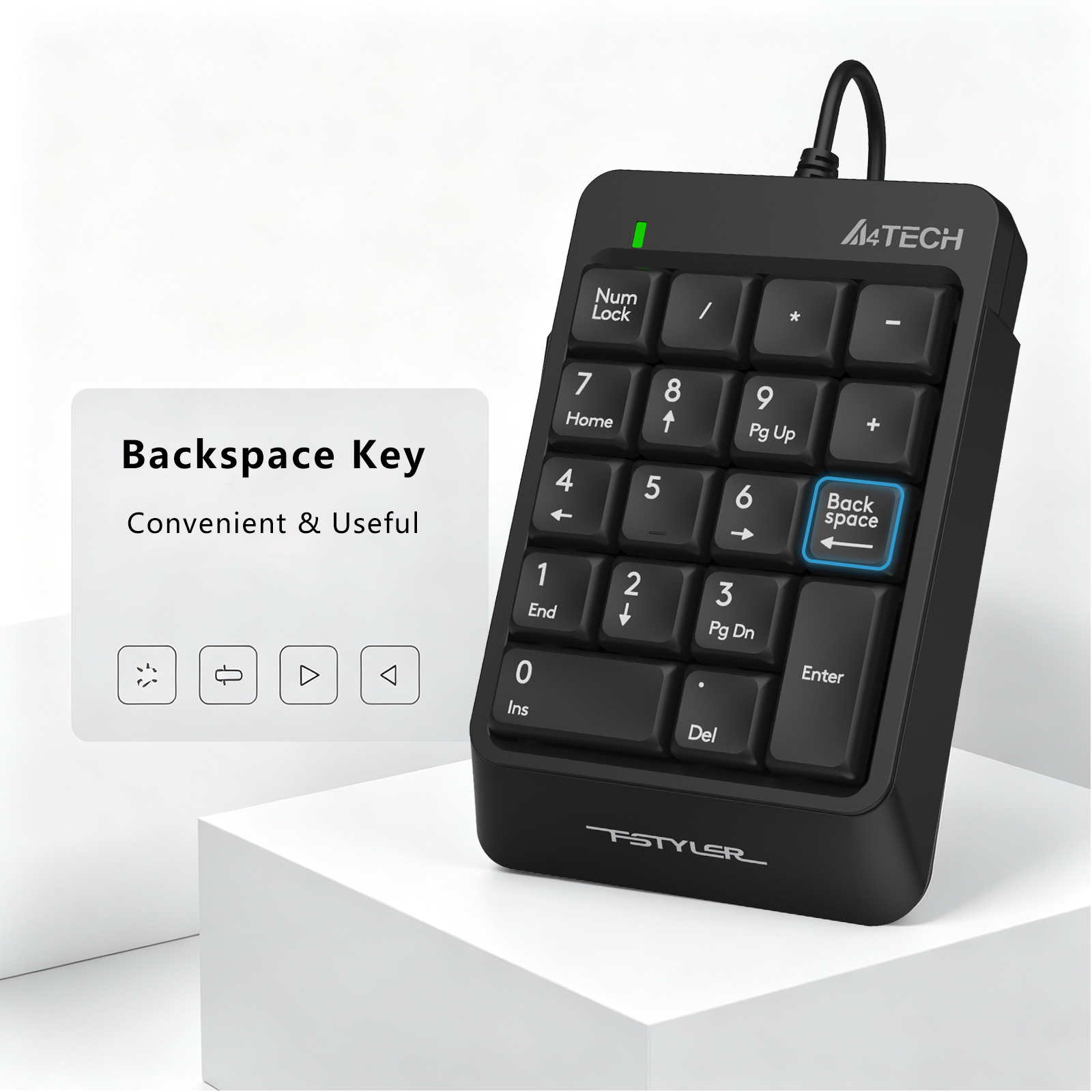 A4Tech FK13P FSTYLER Numeric Keypad - Sleek & Slim - Wired USB - Splash Resistant - Number pad for PC/Laptop - Black