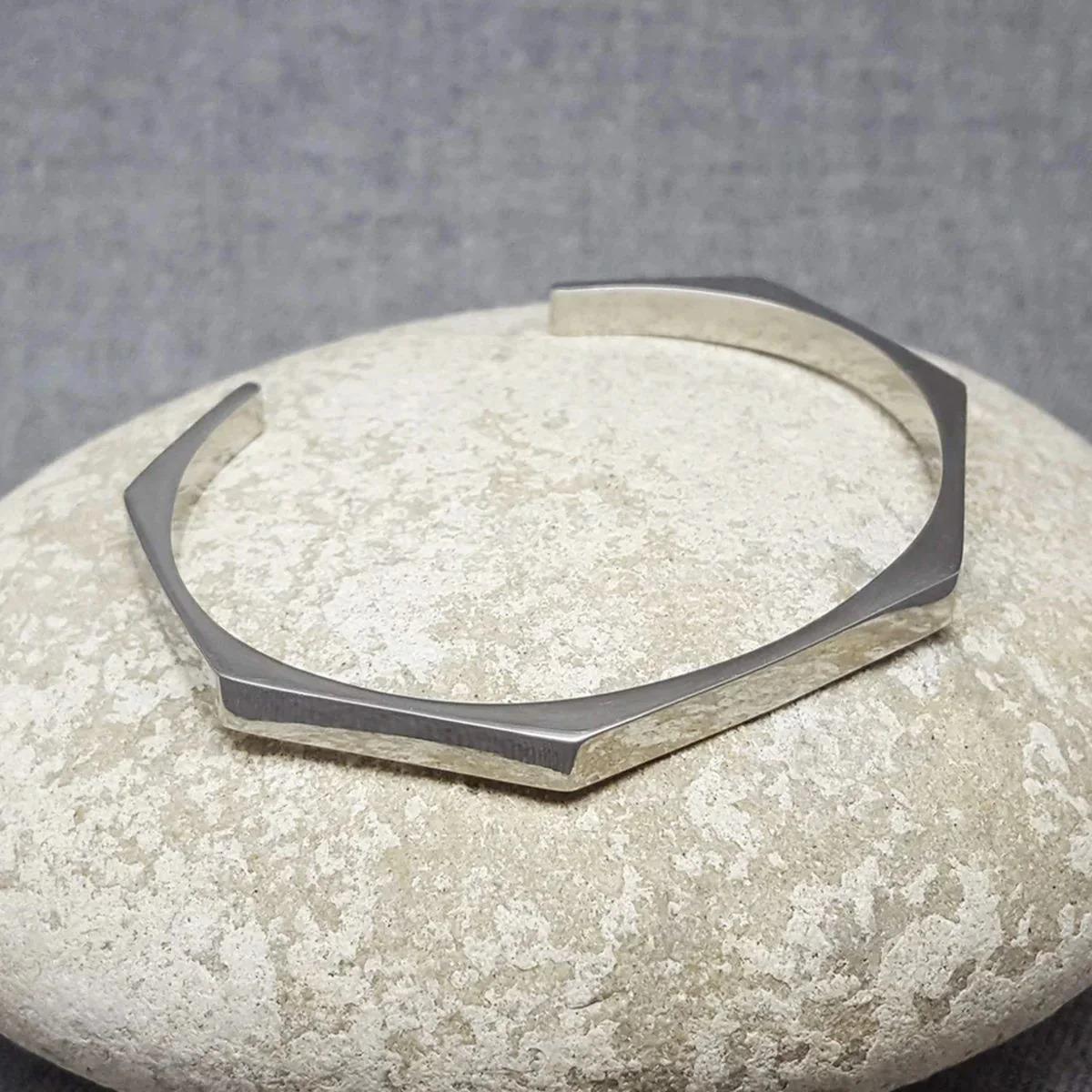 Men’s Hex cuff – Stainless Steel Open Bangle, Minimalist Silver Wristband, Fashion Jewelry