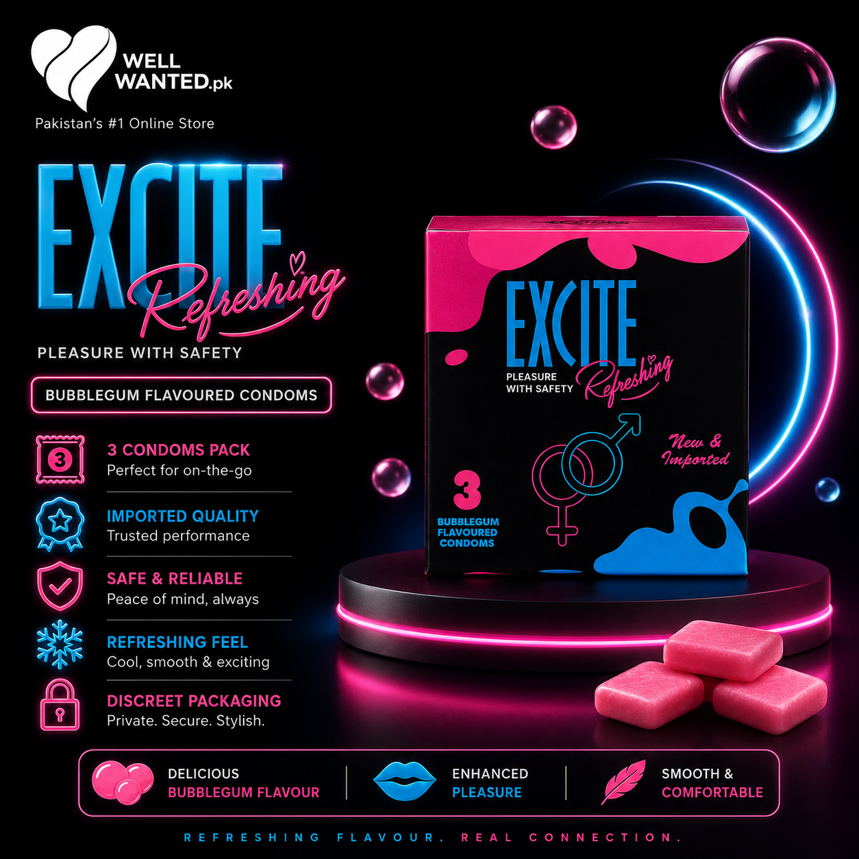 Excite Refreshing Bubblegum Flavoured Condoms 3 Pack