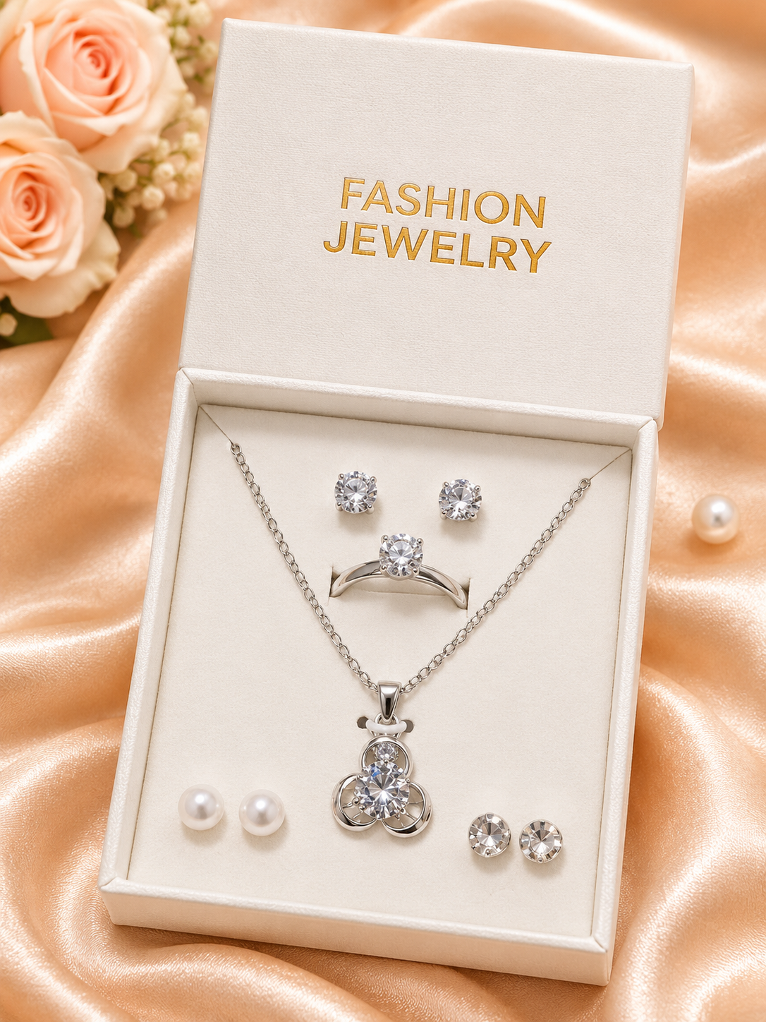 8 Pc Heart Pearl Pendant Necklace Set for Women & Girls | Silver Color Crystal Heart Locket with Pearl Chain | Matching Earrings & Ring Jewelry Set | Elegant Fashion Necklace Set | Party Wear Gift Jewelry | Bridal Engagement Birthday Gift