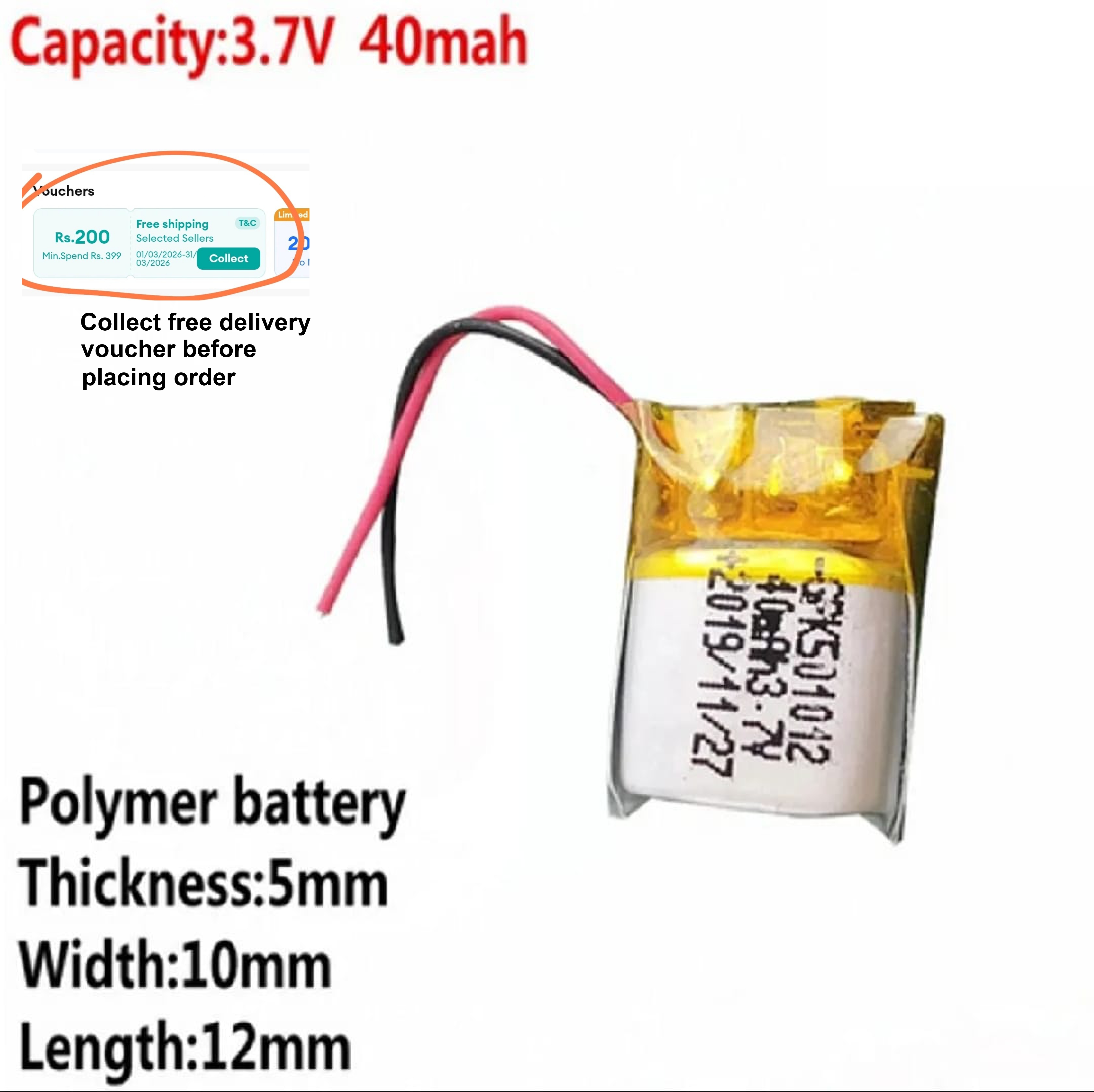 40 MAH- 55MAH- 120MAH- 250 MAH- 500MAH- 600MAH - 850MAH - 6000MAH Li-Po/Li-Ion Battery - Camera, Drones, Helicopter, DIY, Earbuds, Airpodcase, Dots - Lithium Polymer - Built-in Protection Circuit