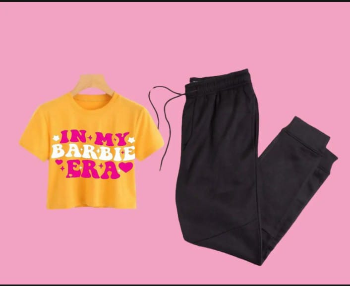 Trendy BARBIE Era Tracksuit for Women & Girls Gym Wear printed half Sleeve Crop Top T-Shirt & Trouser for Summer Collection Elegant Wear