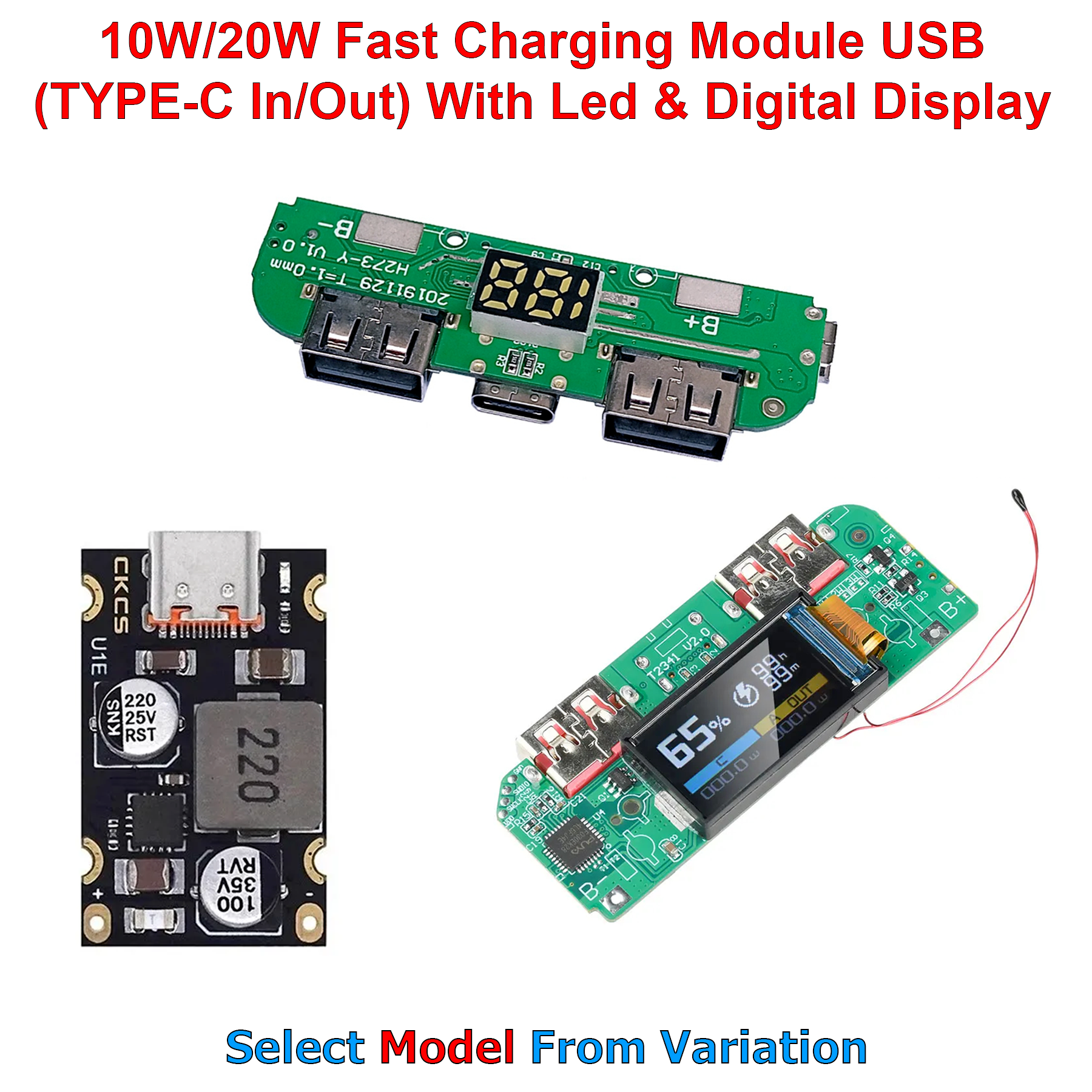 20W/22.5W/45W/65W/100W Fast Charging Power Bank Module With Led Light Charging Indication & USB TYPE-C & Micro USB Charging Ports