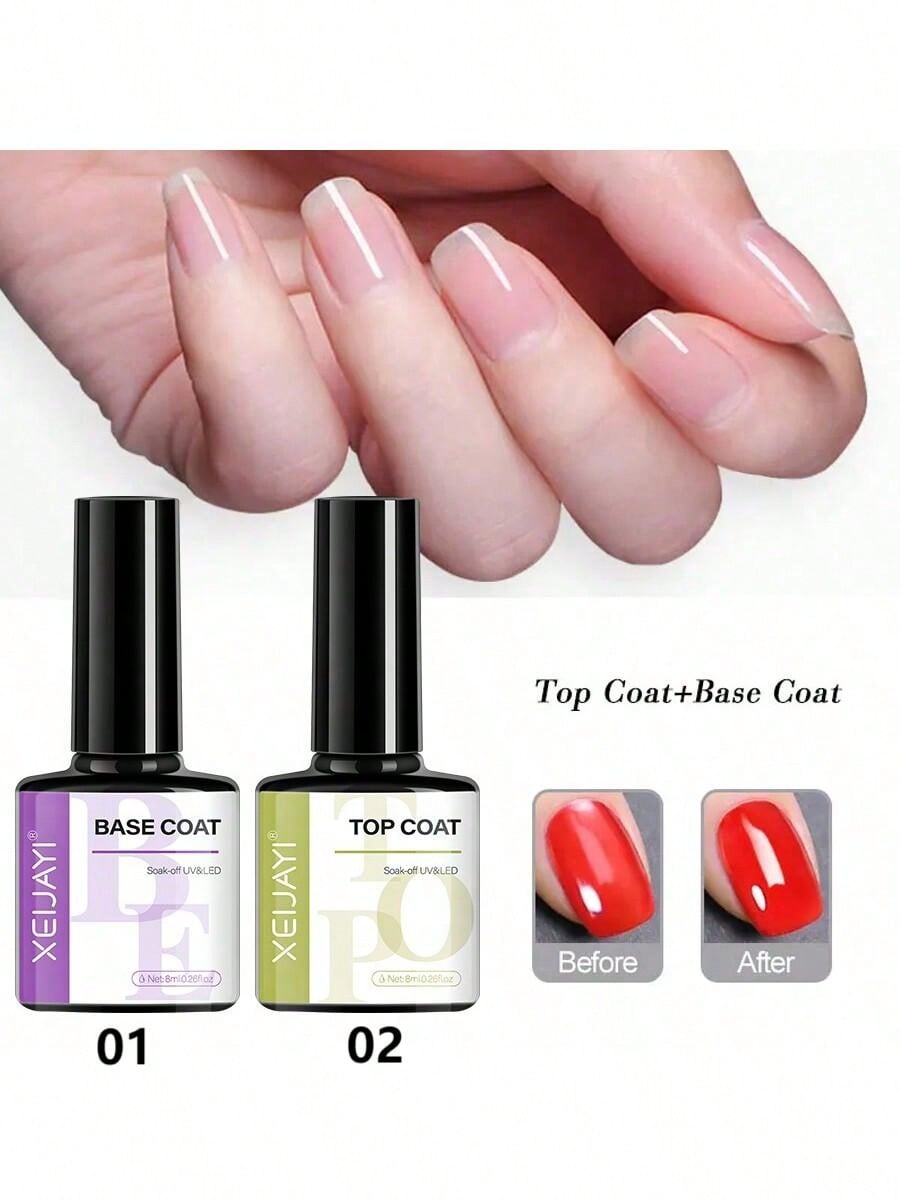 💅 XEIJAYI 8ml Base Coat & No Wipe Top Coat UV/LED Soak Off Glossy Nail Gel Polish Sealer for Salon & DIY Manicure