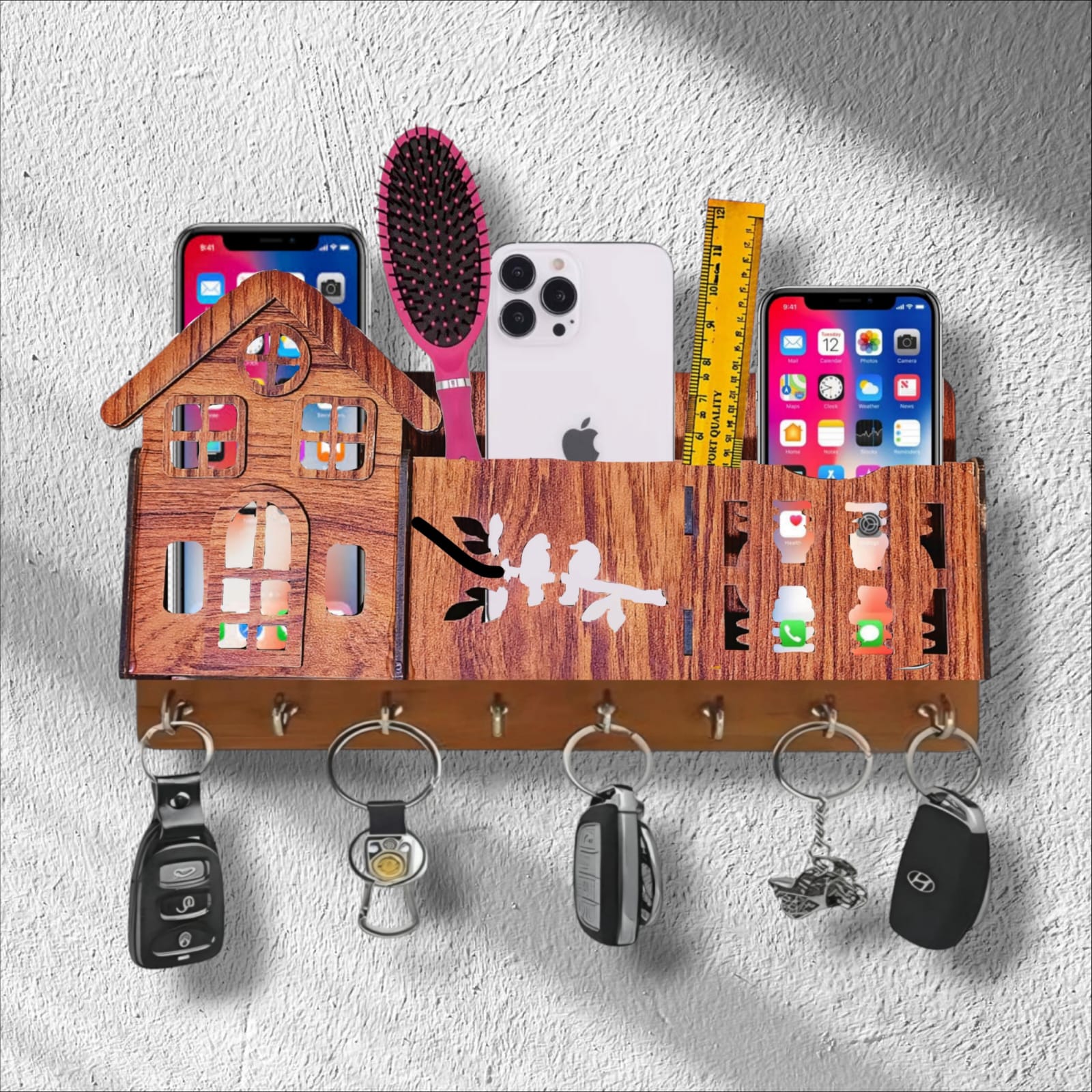 3D Home Decorative Wooden Organizer- 3D Wooden Phone Stand with Key Hooks - 3D Wooden Mobile Stand for 3 Phones - Wooden Holder for Phone, Keys, and Accessories - Wooden Organizer with 7 Steel hooks Tasbeeh Holder Remote Cover Rack Mobile Charger Holder