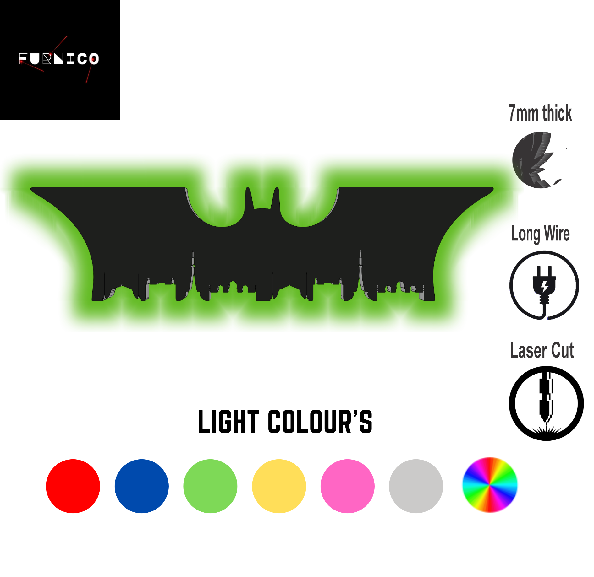 Batman-Inspired LED Wall Art Light with Multi-Color Option, 7mm Thick, Laser Cut, for Gaming and Home Decor
